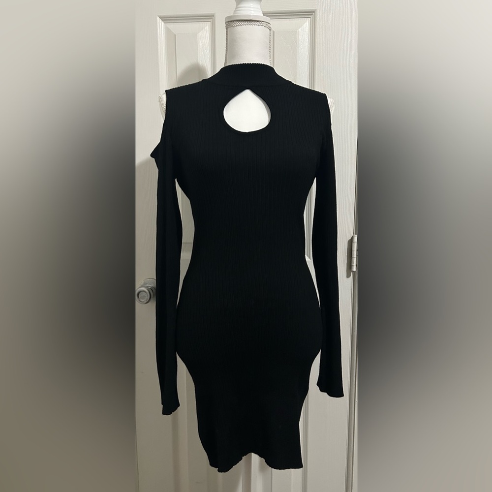 Black Ribbed Long Sleeve Knit Dress